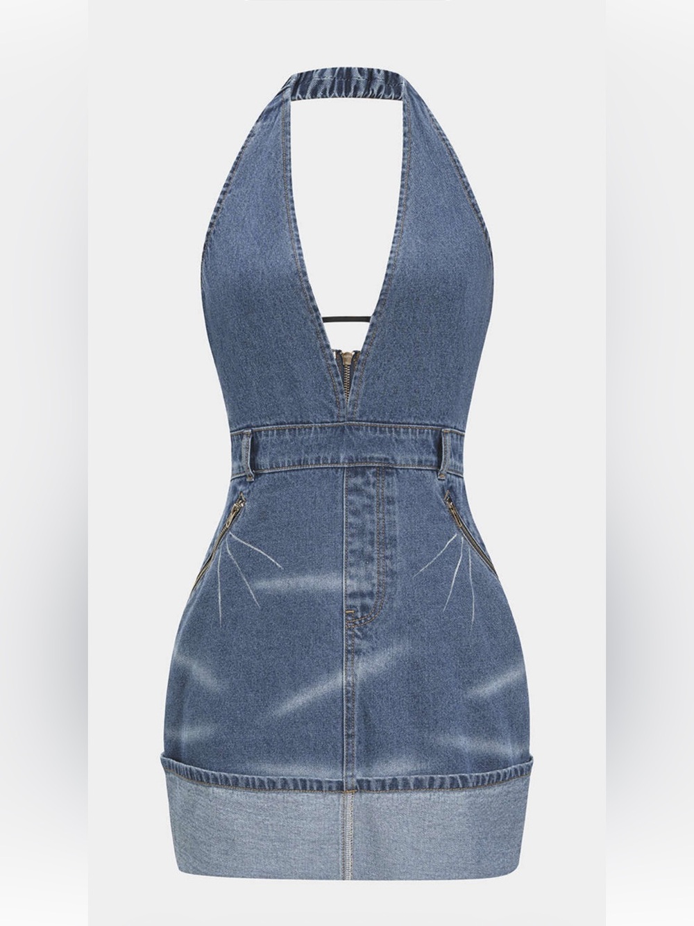 Denim Halter Backless Mini Dress - Blue